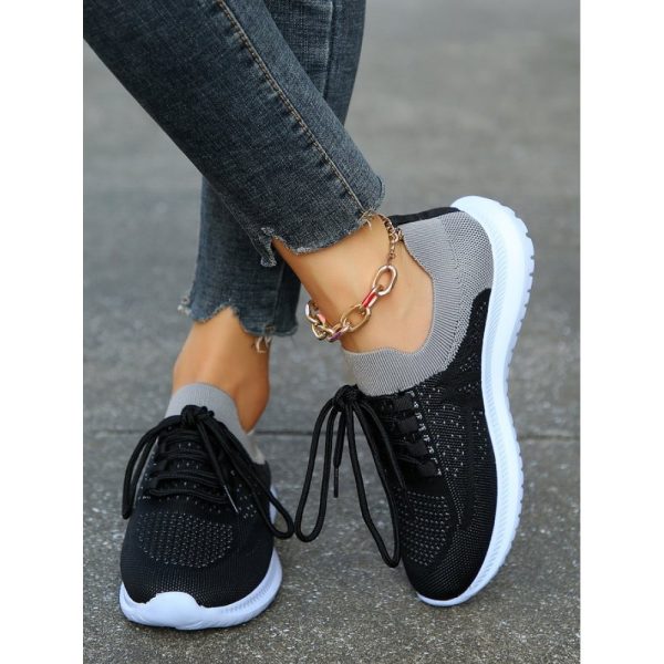 Sports Color Block Breathable Lace-Up Flat Heel Fly Woven Shoes - Image 4