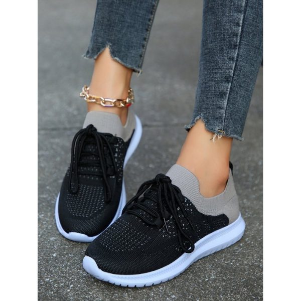 Sports Color Block Breathable Lace-Up Flat Heel Fly Woven Shoes - Image 5