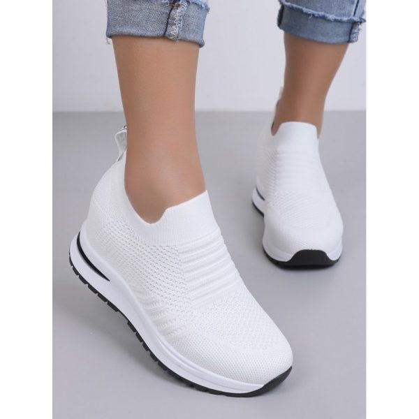 Casual Plain Breathable Slip On Block Heel Fly Woven Shoes - Image 4