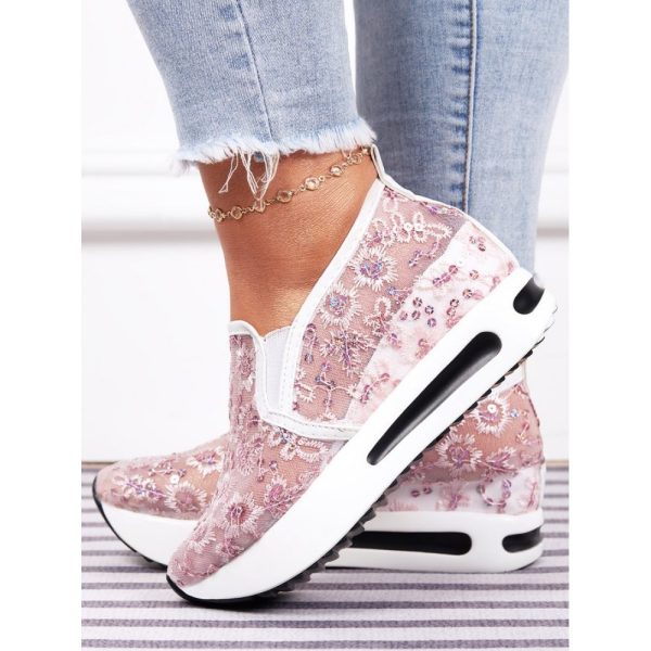 Breathable Floral Embroidery Slip-on Muffin Sneakers - Image 17