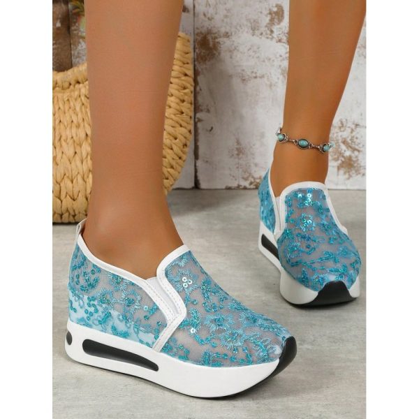 Breathable Floral Embroidery Slip-on Muffin Sneakers - Image 22