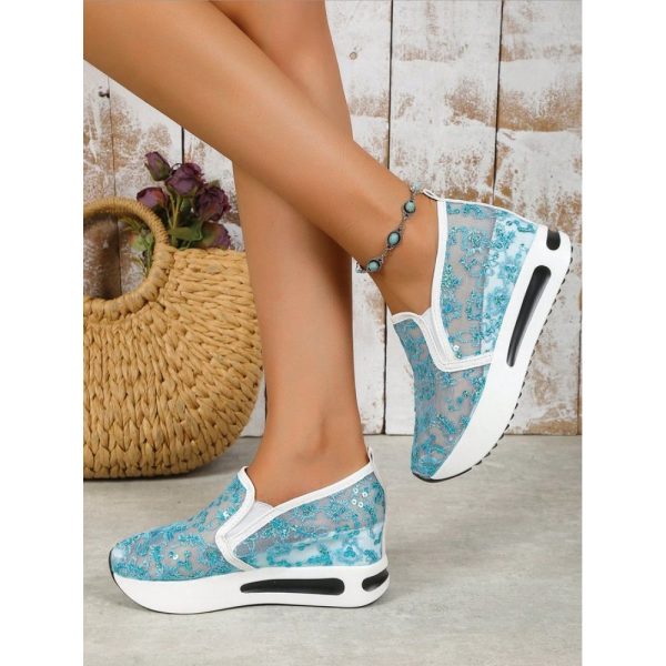 Breathable Floral Embroidery Slip-on Muffin Sneakers - Image 25