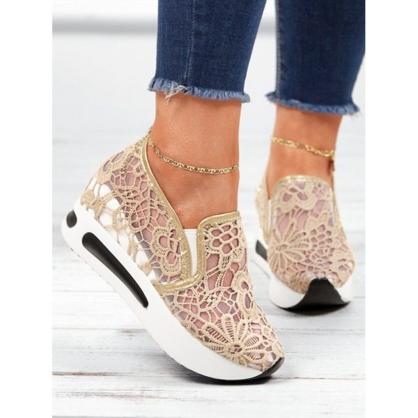 Floral Embroidered Mesh Paneled Slip-On Wedge Sneakers - Image 2