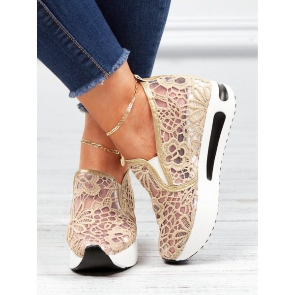 Floral Embroidered Mesh Paneled Slip-On Wedge Sneakers - Image 3