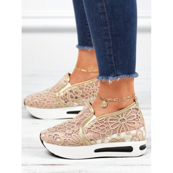 Floral Embroidered Mesh Paneled Slip-On Wedge Sneakers - Image 4