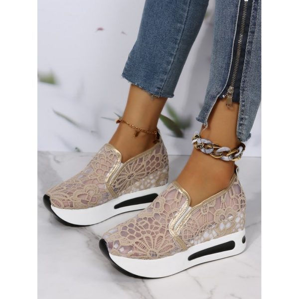 Floral Embroidered Mesh Paneled Slip-On Wedge Sneakers - Image 5