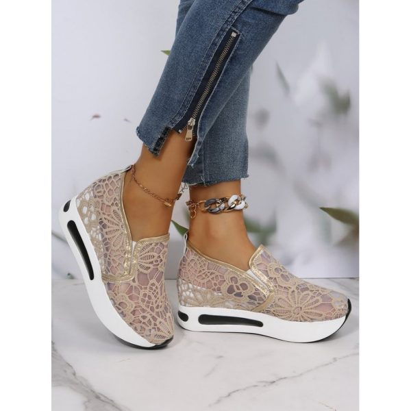 Floral Embroidered Mesh Paneled Slip-On Wedge Sneakers - Image 6