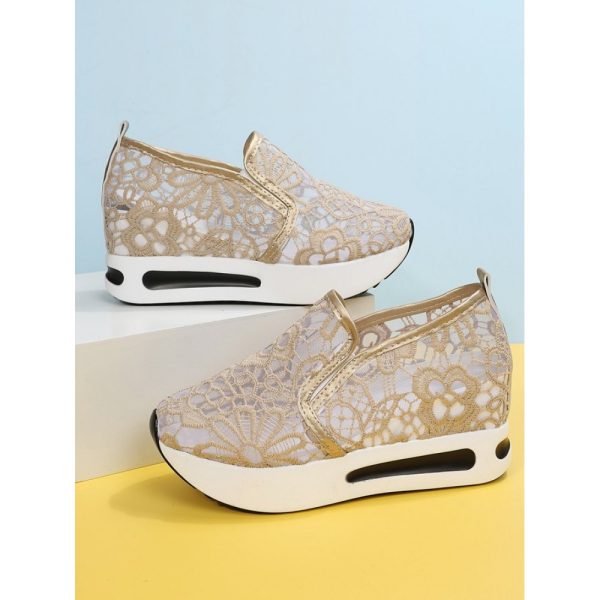 Floral Embroidered Mesh Paneled Slip-On Wedge Sneakers - Image 7