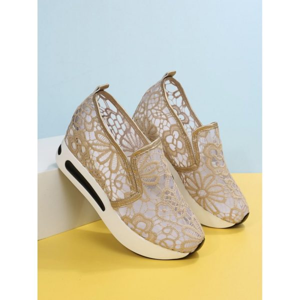 Floral Embroidered Mesh Paneled Slip-On Wedge Sneakers - Image 8
