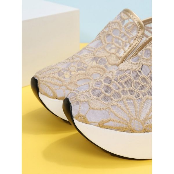 Floral Embroidered Mesh Paneled Slip-On Wedge Sneakers - Image 9