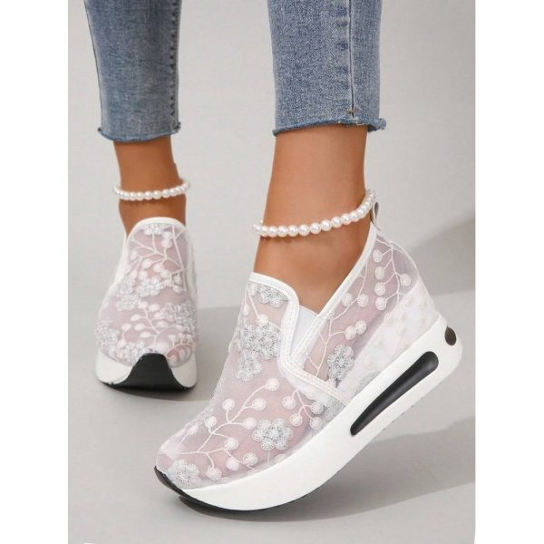 Floral Embroidery Breathable Sheer Mesh Sneakers - Image 36