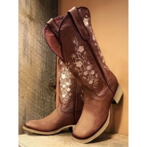 Square Toe Embroidered Western Cowboy Boots Chunky Heel Boots